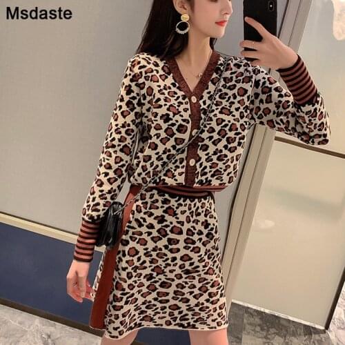 Sweater Skirt Women Clothing Set 2 Pieces Winter Elegant Leopard Female Top+skirt Casual V-neck Female Two Pieces Sweaters Suits