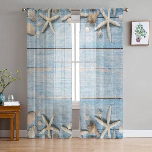 Beach Starfish Blue Wooden Texture Tulle Sheer Window Curtains for Living Room Kitchen Children Bedroom Voile Hanging Curtain