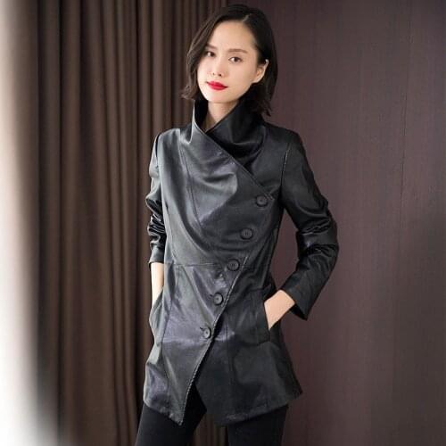 Spring and Autumn New Womens Leather Jacket and Long Sections Sheep Skin Slim-Fit Single-Breasted Long-Sleeve Leather Coat