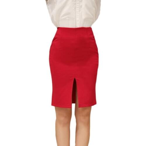Addnew red black xxl XL XS solid skirt female occupation Women Office Formal Pencil Casual Slim High Waist Midi Skirts all-match