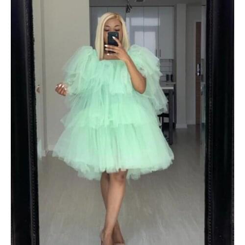 Mint Green Aso Ebi South African Evening Dresses A-line Scoop Tulle Tiered Nigeria Saudi Arabic Evening Gown Prom Dress