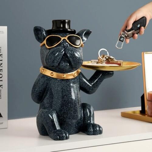 Green Bulldog with Metal Tray Table décor Resin Dog statue home decoration Dog Figurine with Decorative Tray for Keys Jewelry