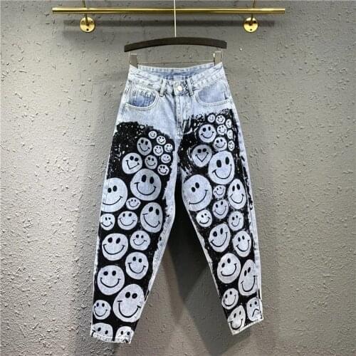 High Street Capris Denim Jeans Women Spring Summer Smile Printed Harujuku Harem Denim Trousers Jeans Fashion Pants SY077
