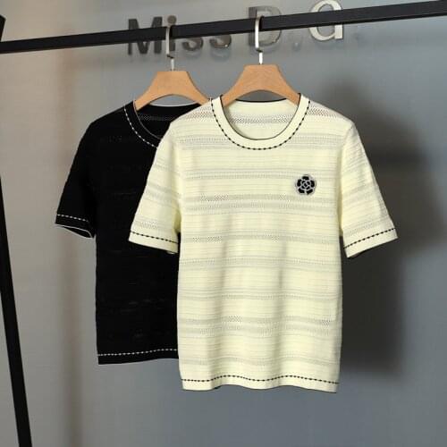 France Style Womens Elegant pearls floral T-shirts High quality Hollow-out Knitted Tee Tops C885