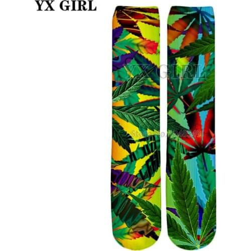 YX GIRL Drop shipping 2018 Summer New Fashion 3D Straight socks Colorful weed leaves Print Men/Women casual Socks