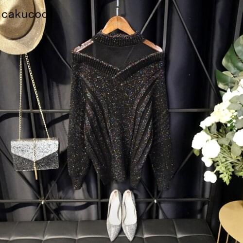 Cakucool Sexy Lace Patch Sweater Women Korean Half Stand Collar Asymmetric Design Shiny Lurex Jumpers Spring Slim Black Sweater