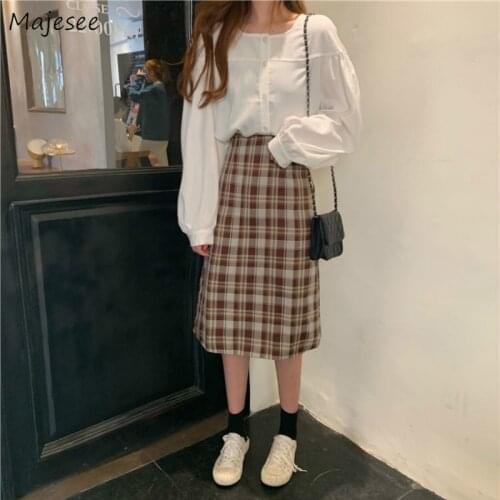 Womens Sets Single Breasted O-neck Lantern Sleeve Shirts Plaid High Waist A-line Skirts Elegant Korean Style Casual Lady Chic