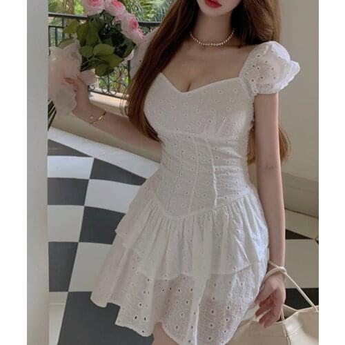 Women White Patchwork Ruffles Lace Hollow Out Dress New Square Neck Short Puff Sleeve Slim Fit Fashion Tide Summer 2021 Vestidos