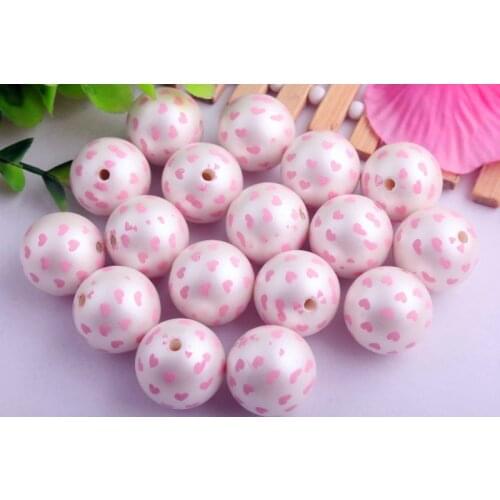 100pcs/lot Valentines Day 20mm Chunky Imitation pearl print pink heart acrylic ball round beads for kids jewelry making
