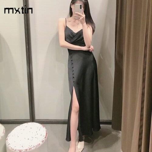 2021 Women Summer Fashion Sexy Black Satin Midi Dress Vintage Backless Tin Tie Straps Female Party Dresses Vestidos Mujer