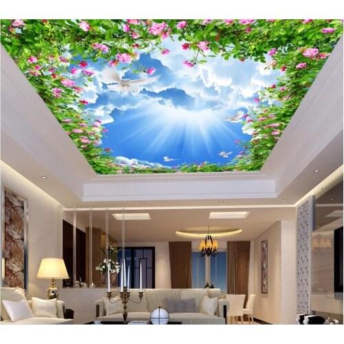 Custom photo Non-woven 3d ceiling murals wallpaper flowers Ivy leaf dove clouds painting 3d wall murals wallpaper for walls 3 d