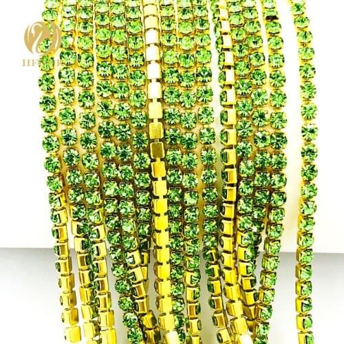 2mm/2.5mm/2.8mm/3.0mm/4.0mm 5yard/pack High quality Gold bottom Light green Rhinestone Chain DIY Accessories