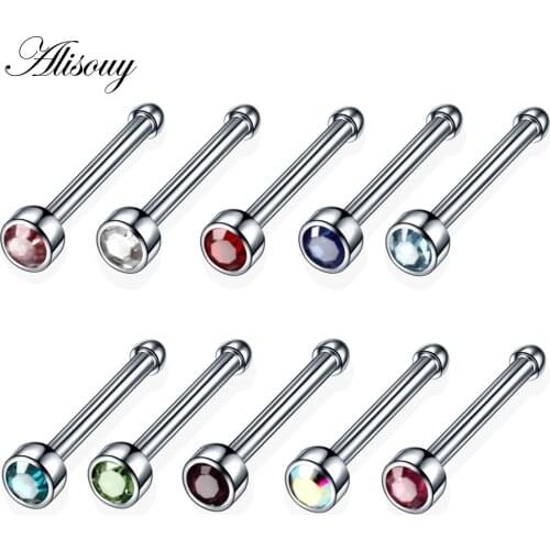 Alisouy 1PC hiphop 20G 2mm Straight pin Zircon Bone Nose Stud Piercing Earring Anodized Nose Ring Prong CZ Nose body Jewelry
