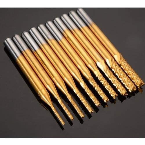 10Pcs 1/8'' 0.8-3.175mm CNC Router Bit Mini PCB Carbide Machine Tools Titanium Plating End Mill Engraving Cutter CNC Drill Bits