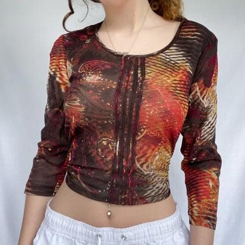 Vitnage Tie Dye Graphic Print T-shirt Autumn Long Sleeve Skinny Crop Top Y2K Fairy Grunge Harajuku Tees Shirt Women Clothes