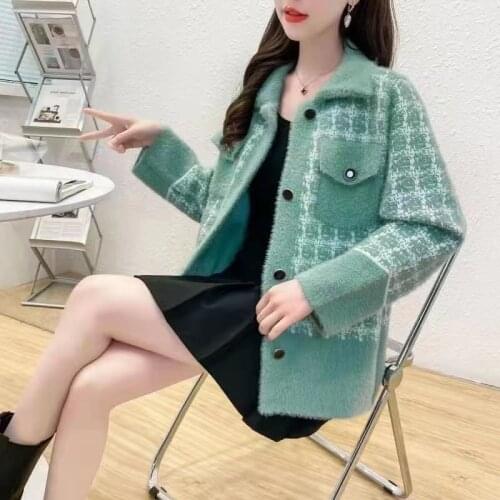 2021 Autumn Winter Women Imitation Mink Velvet Cardigan Lady Single Breasted Plaid Cardigans Female Casual Loose Sweater N347