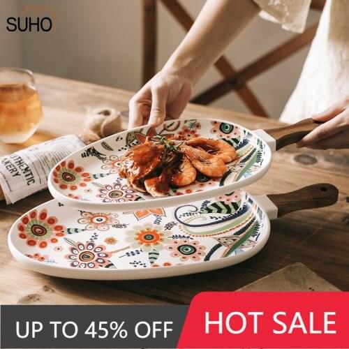 Fashion Nordic Ceramic Dinner Plates Dish Steak Salad Tray Handle Christmas Steak Plates Home Decor Oval Dishes Tableware