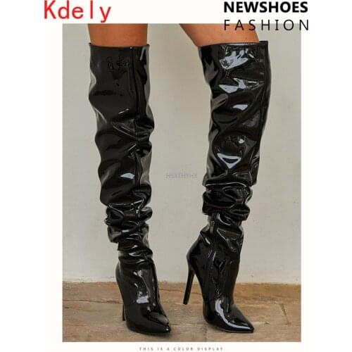 Fashion Lady Loose Knee High Boots Slip on Patent Leather Sexy Thin High Heels Autumn Winter Pointed Toe Plus Size Womens Shoes
