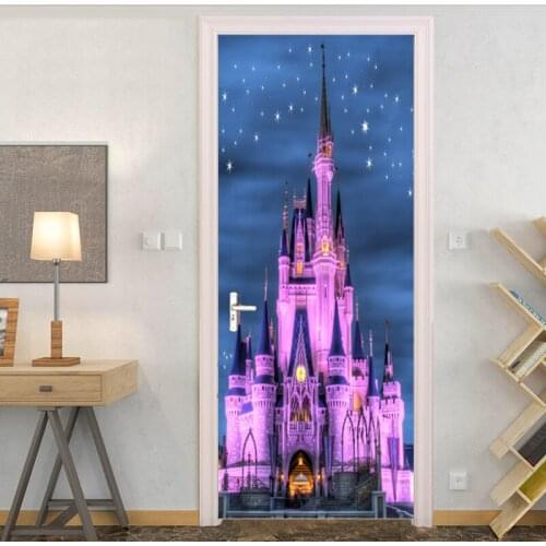 Cartoon Castle Night View 3D Photo Mural Sticker for Door Kids Room Bedroom Waterproof PVC Self-Adhesive Wall Paper DIY Poster