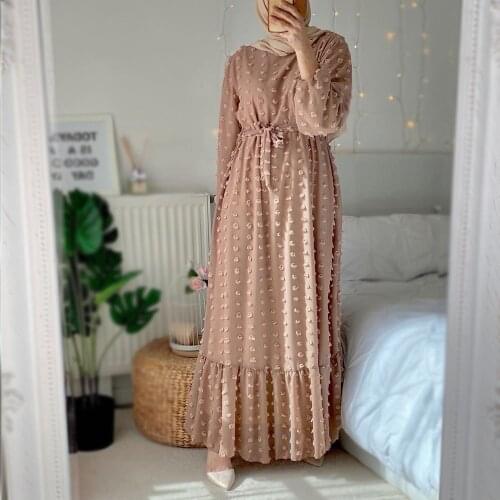 Solid 3D Pompon Maxi Long Dress for Women Chiffon 2021 Full Sleeve Muslim Duabi Turkey Qtar Arabic Breathable Loose New Clothes