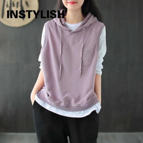 Instylish Autumn Vintage Harajuku Loose Hoodies Waistcoat Casual Solid Hooded Vest Women Casual Sleeveless Sweatshirt Outwear