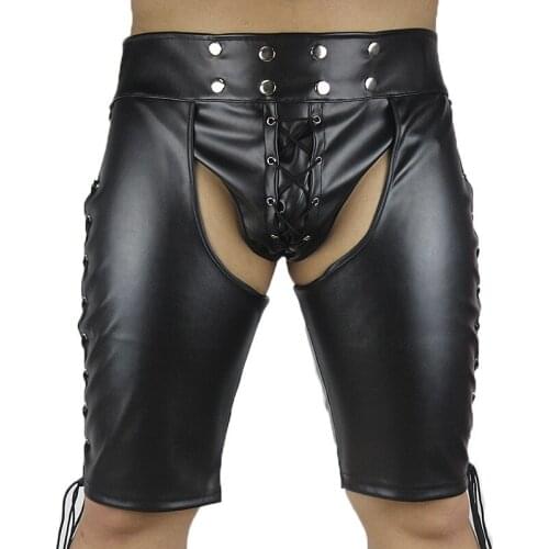 European and American sexy underwear mens shorts faux leather lace-up open file tights mens nightclub sexy underwear