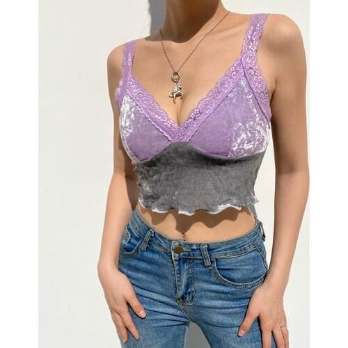 Sexy Y2K Tank Frill Velvet V Neck Women Summer Sleeveless Backless Cami Top Fashion Purple Casual Camisole Heart Cut Out Top