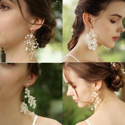 Handmade Opal Crystal Floral Chandelier Earrings Pearls Waterfall Drop Wedding Dangle Earrings Clips Fashion Women Girl Jewelry