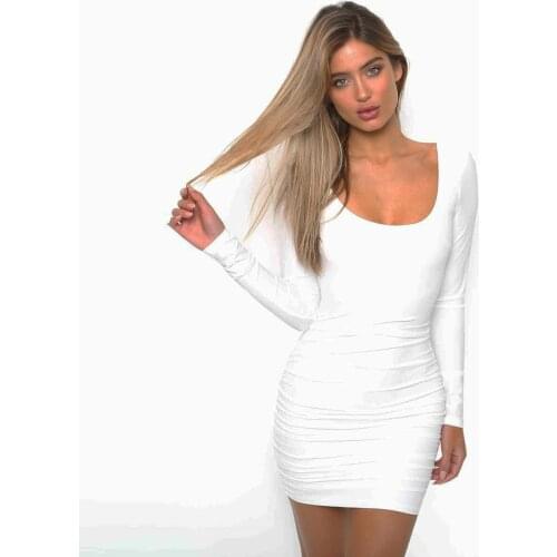 Autumn Winter Women Black and White Dress Long Sleeve Sexy Backless Pleated Nightclub Dress Mini Short Elegant Warm Girls Sheath