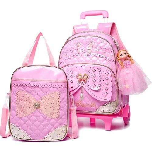 2PCS/SETS PU Girls 6 Wheels Cartoon Princess School Bag Children School Bags Child Climb Stair Removable Trolley Backpack