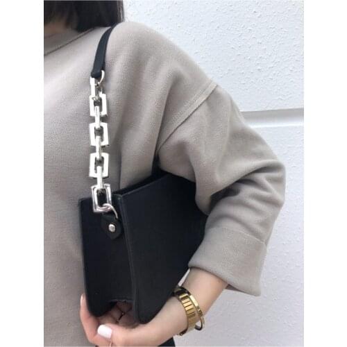 Women Black Chain Detail Baguette Bag Lux Class Hand Shoulder Vine-Clad Trend Fashion New Season Elegant Leather Clothing Accessory