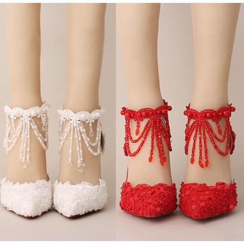 White Pearl Lace Crystal Wedding Shoes Tassel Ankle Strap Poined Toe Super High Heels Women Sandal Party Banquet Evening Dress