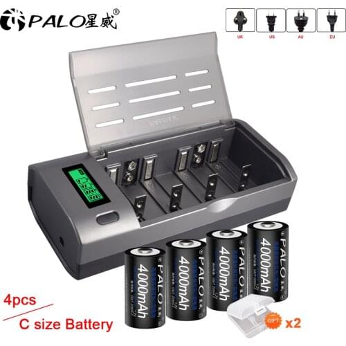 PALO LCD smart battery charger for 1.2V AA AAA SC C D rechargeable battery+4pcs rechargeable C size battery nimh 4000mah