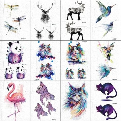 VANKIRS Waterclour Cats Temporary Tattoo Stickers Children Body Arm Hands Tattoos Flash Cute Cartoon Neck Panda Tatoos Fake Deer