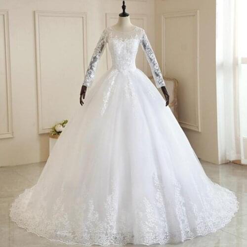 Vestido De Noiva 2021 Pure White Full Sleeve Wedding Dress With Train Princess Luxury Wedding Dress Robe De Mariee Plus Size