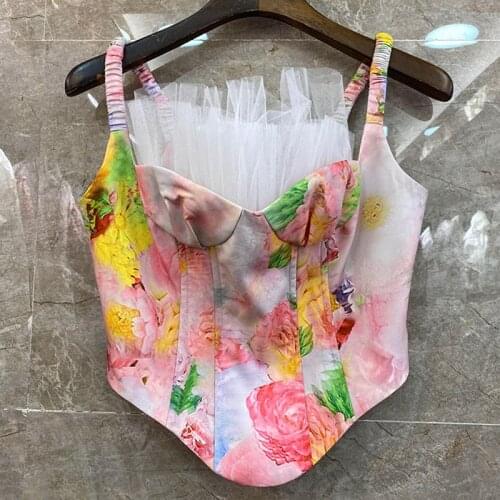 2020 new fashion women Print Women Vest Square Collar Staghetti Strap Patchwork Mesh Ruffles Hit Color Camis