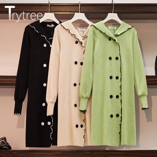 Trytree 2020 Autumn Winter Women Casual Solid Dress Sailor Collar Elegant 3 Colour Sheath Fashion Office Lady Thick Dress
