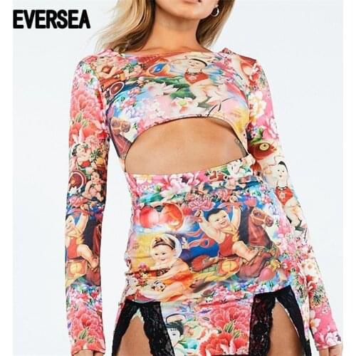 Eversea Ins Style Cut Out Off Dress Women Chinese Graphic Lace Join Skinny Long Sleeve One Piece