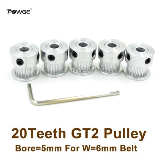 POWGE 5pcs 20 Teeth 2GT Timing Pulley Bore=5mm Fit Width=6mm 2GT Timing Belt 3D Printer Parts 20T 20Teeth GT2 Pulley