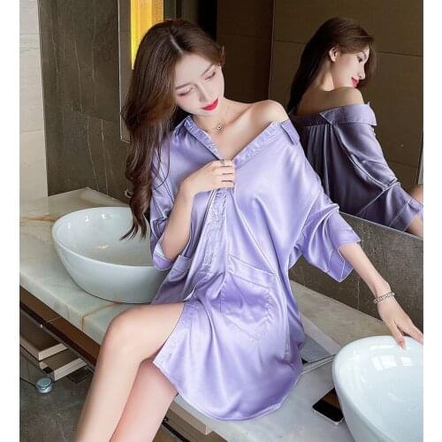2021 Summer Womens Nightdress Shirt Skirt Smiling Face Sexy Nightgown Half Home Clothes Female Sleepwear Sleeping Dress