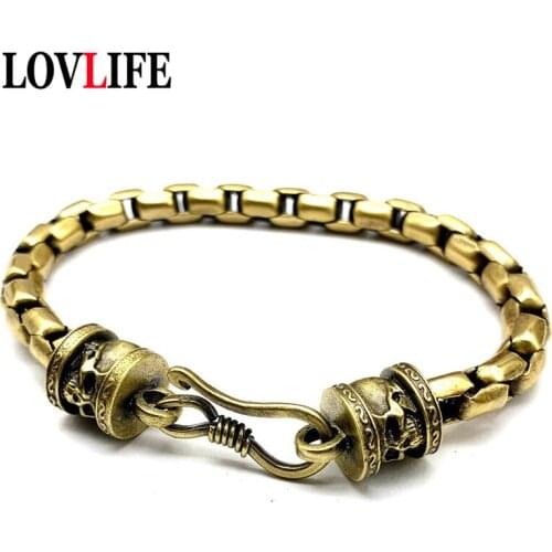 Punk Men Brass Snake Chain Cuff Bracelet Two Skull Heads Kinght Bracelets Vintage Copper Hip-Hop Women Fashion Hand Wristbands