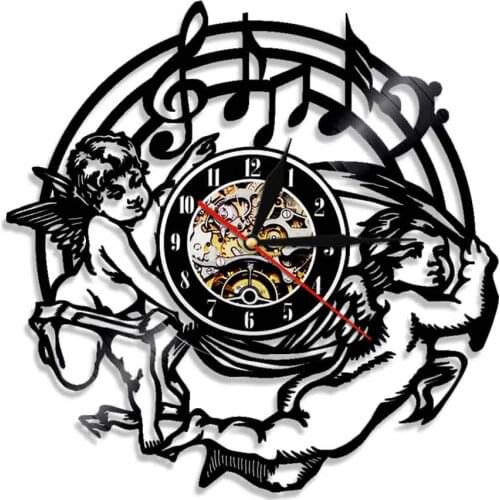 Music Notes Angels LED Wall Decor Watch with Backlight Modern Home Decor Art Gramophone Vinyl Record Wall Clocks Musical Gift