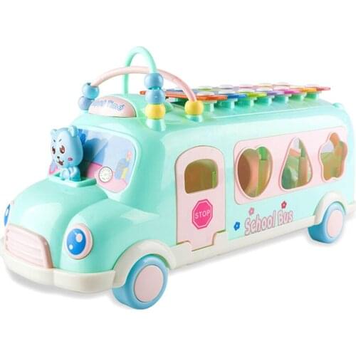 Baby Electric Children Music Car with Percussion Piano Matching Blocks School Bus Early Educational Toys