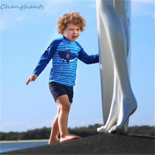 2-10 Y Boys Rash Guard Children Two Pieces Swimwear Blue with Stripe and Shark Kids Bathing Suits Long Sleeve Surfing