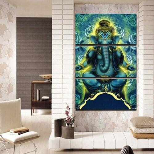 HD Blue Canvas Art Painting For Living Room Wall Decor 3 Pieces Lord Ganesha Elephant Indian God