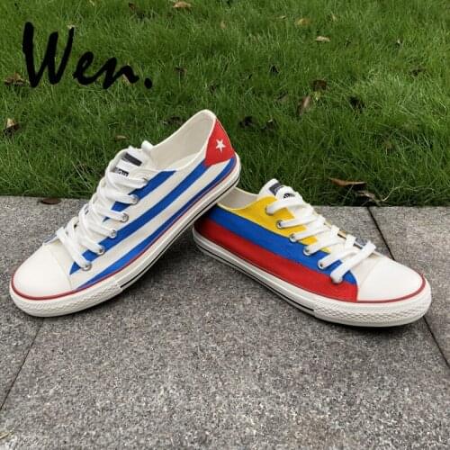 Wen Design Custom Hand Painted Shoes Columbia and Cuba Flag Low Top Man Womans Canvas Sneakers for Christmas Gifts