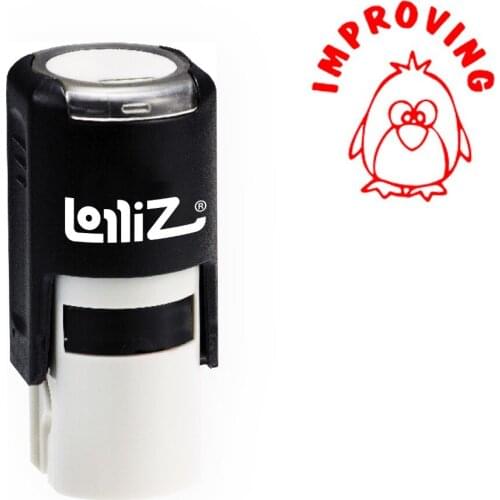 LolliZ Round Self-Inking Stamp, "IMPROVING" Text W/ Penguin Image, Teacher Stamp W/Lid, Laser Engraved Rubber, RED