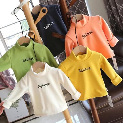 Girls 2021 New Plush Warm Plush Self Heating Bottoming Shirt Baby Long Sleeve T-Shirt Baby Half High Collar Bottoming Shirt Boys