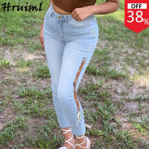 New Wholesale Items Womens Pants High Waist Solid Color Criss-cross Lace-up Trousers Women Free Shipping To Us Streetwear Jeans