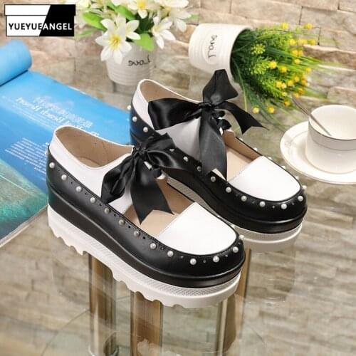 Autumn Women Bowknot Lace Up Wedges Shoes Hollow Out Genuine Leather Platform Shoes Color Mixed Pearls Bead Sweet Ladies Pumps